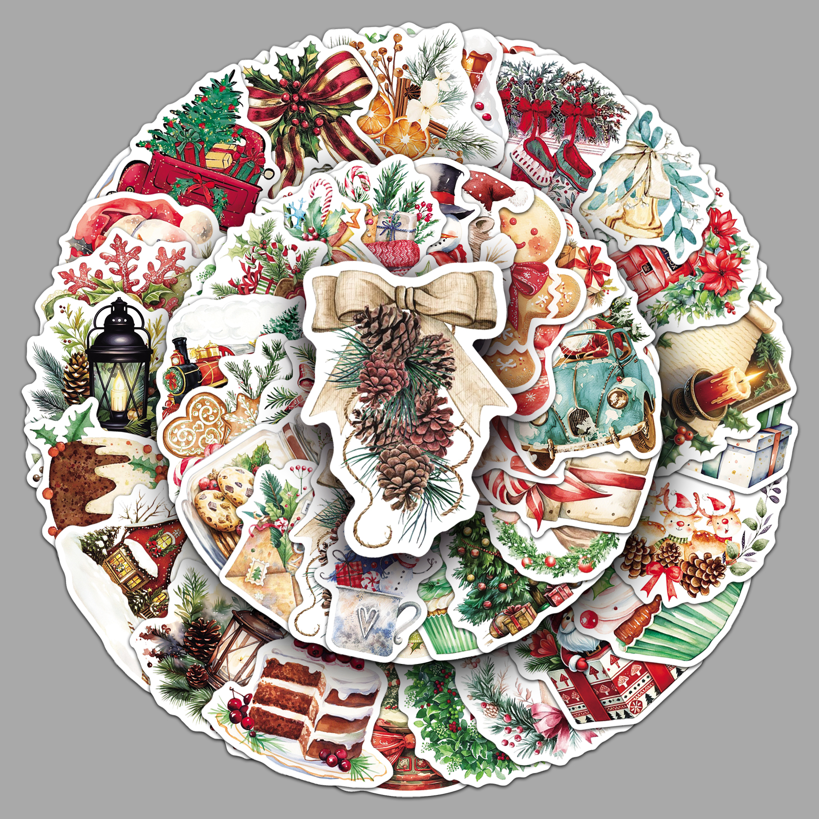 50张复古水彩圣诞贴纸可爱ins风装饰防水旅行箱玻璃水杯汽车贴画