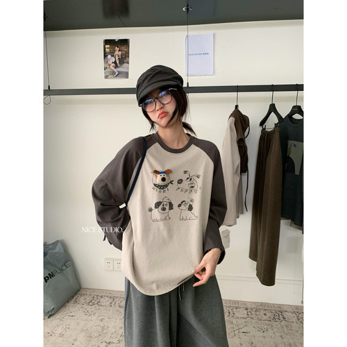 奶思家NICE STUDIO-秋上新爆款掌门狗工艺插肩袖长袖T恤L3060