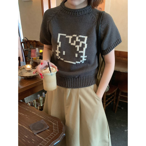 lower April（FA）-甜美可爱kitty针织半袖通勤风套头针织衫96096