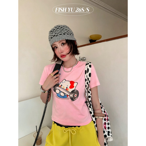 FISH YU -上新韩系卡通杠铃kitty立体烫钻正肩小版短袖T恤626220