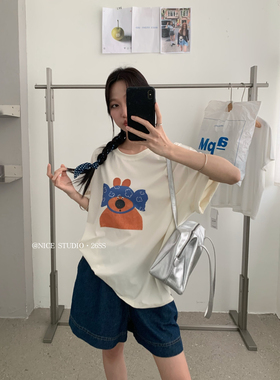 奶思家NICE STUDIO-夏上新小熊前后印花宽松短袖T恤w63852
