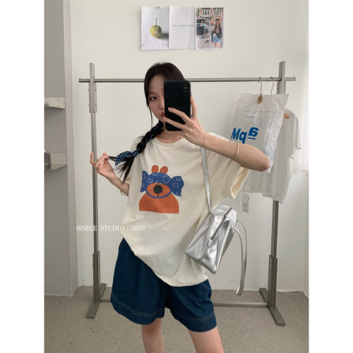 奶思家NICE STUDIO-夏上新小熊前后印花宽松短袖T恤w63852