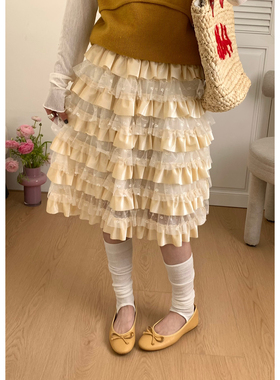 ING-风蕾丝蛋糕裙女2026早春新款高腰A字显瘦丝绒拼接半身裙17088