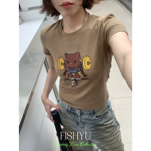 FISH 上新韩系卡通举重Kitty印花弹力正肩小版 短袖 T恤26160