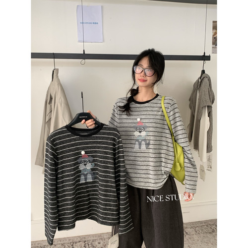 奶思家NICE STUDIO-秋上新韩系小狗印花工艺条纹长袖T恤R10161