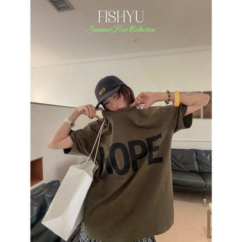 FISH YU -夏上新美式复古HOPE白墨印花宽松大版圆领短袖T恤26261