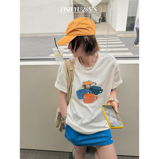 FISH 上新韩系复古格纹印花 贴布刺绣宽松圆领短袖 T恤626133