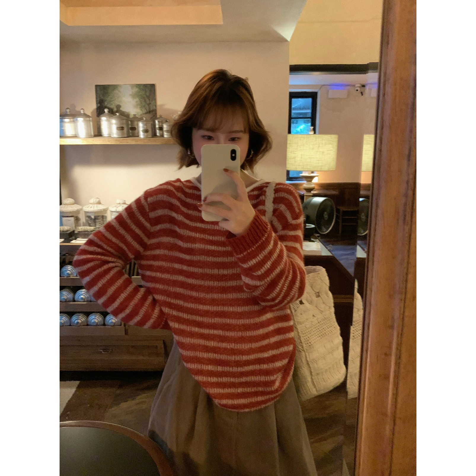 ower April（FA）-风软糯撞色宽松马海毛复古条纹毛衣针织衫96060