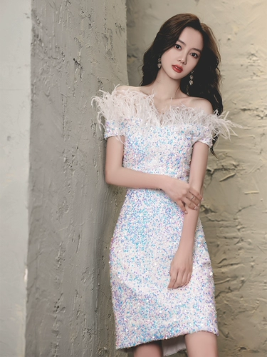 Белое модное платье, блестки для ногтей, подходит для подростков, набивка пером, яркий броский стиль, подарок на день рождения, легкий роскошный стиль