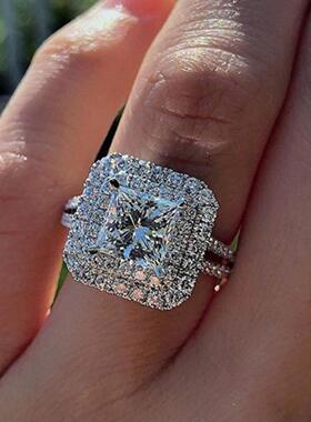 轻奢LAZADA镀白金手饰 几何方形仿真钻戒指 欧美双层超闪锆石指环