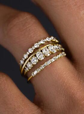 轻奢叠戴奢华电商时尚指环女 镶嵌锆石戒指四件套 流行优雅轻奢款