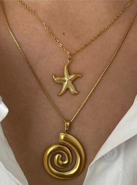 欧美新款时尚小众海星吊坠锁骨项链螺纹圈圈吊坠项链女