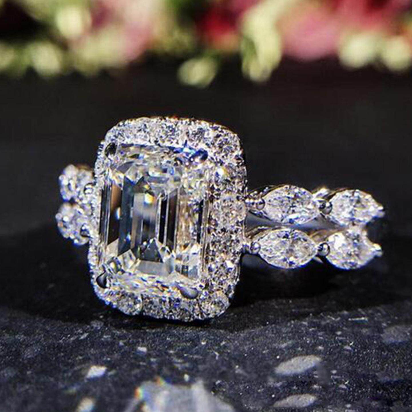 轻奢wish热卖新款公主方形仿真锆石戒指结婚求婚克拉异形钻女婚戒