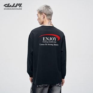 山小川圆领长袖t恤男秋季新款纯棉宽松打底衫大学生潮牌内搭上衣