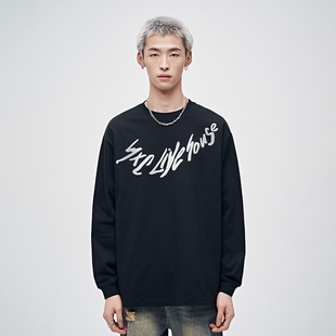 山小川潮牌美式 t恤秋冬宽松纯棉潮牌重磅高街外穿黑色体恤男 长袖