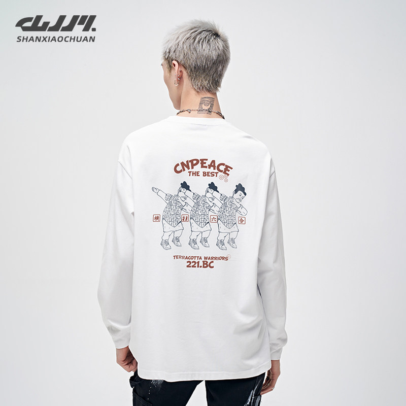 山小川潮牌兵马俑印花长袖T恤男女同款春秋季美式高街复古体恤衫