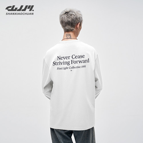 山小川重磅白色长袖t恤男款春秋季潮牌美式字母男生纯棉内搭打底