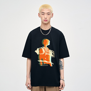 潮牌情侣男生半袖 纯棉衣服高街美式 体恤 t恤男夏季 山小川重磅短袖