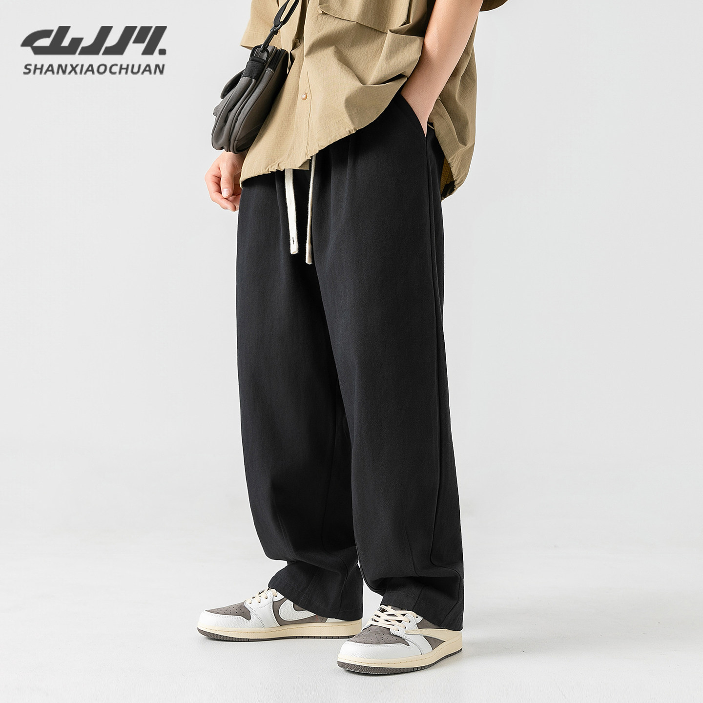 山小川日系纯色抽绳松紧腰直筒工装裤男复古街头宽松阔腿休闲裤,男装,休闲裤,淘宝优惠券,粉丝福利购,淘宝优惠卷