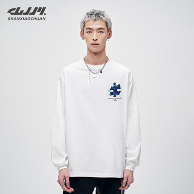 山小川潮牌春秋季长袖t恤男2025新款纯棉白色青少年简约打底衫