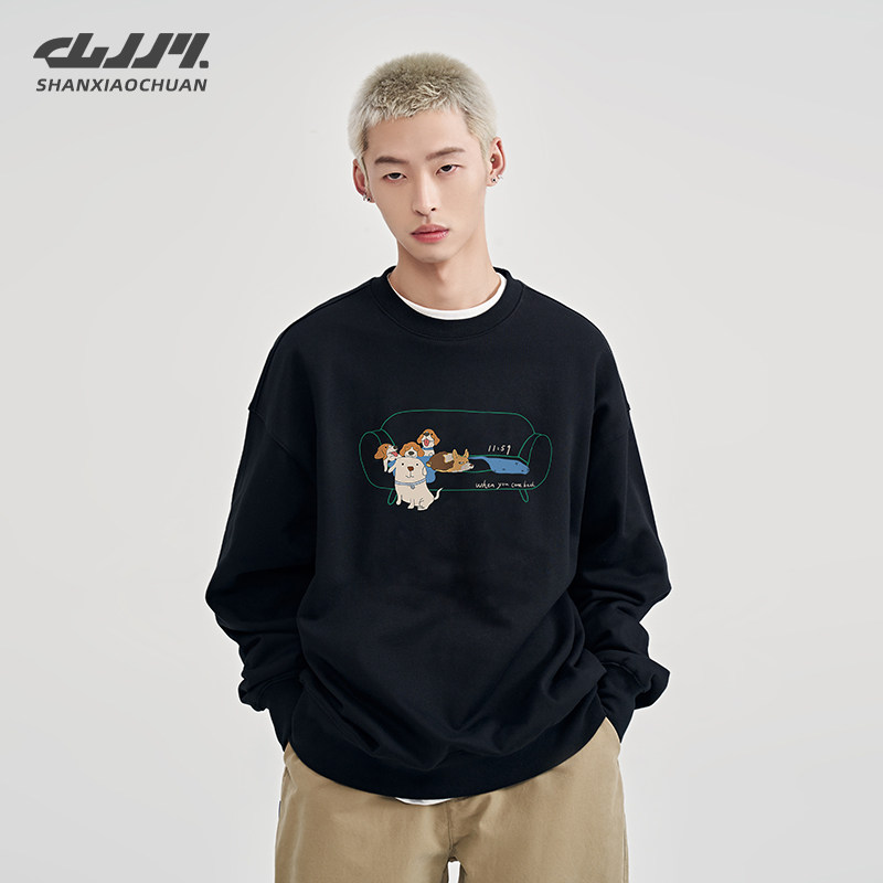 山小川480g重磅银狐绒圆领卫衣男秋冬季加绒加厚小狗卡通潮流上衣