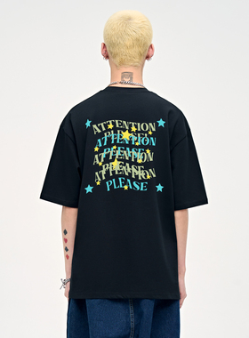 山小川后背星星印花短袖男美式高街重磅纯棉宽松休闲T恤夏季情侣