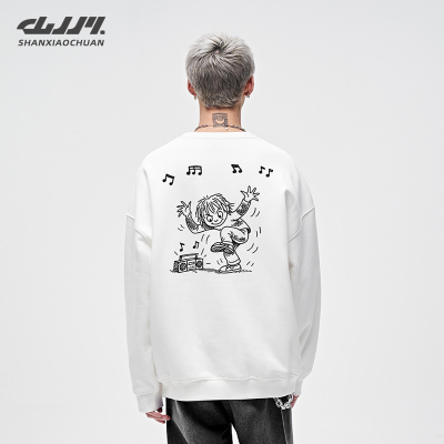 山小川人物卡通加绒加厚卫衣男重磅圆领秋冬季长袖青少年无帽外套