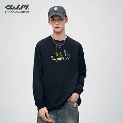 山小川重磅长袖t恤男款纯棉美式高街潮牌痞帅炸街春秋内搭打底衫