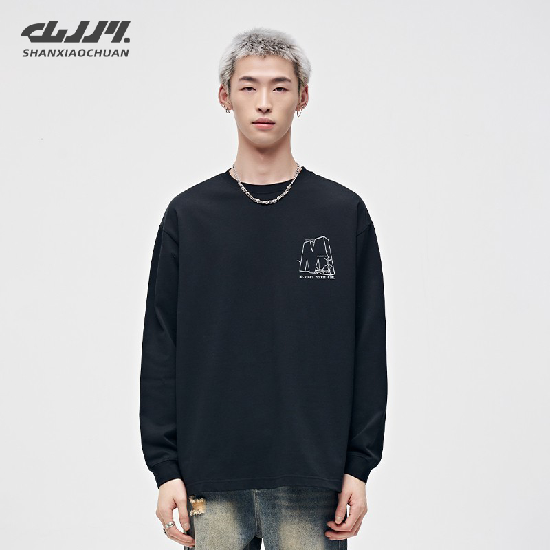 山小川潮牌纯棉长袖t恤男青少年2025秋季新款上衣字母男生打底衫