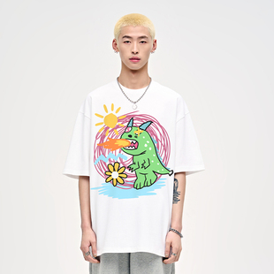 山小川潮牌卡通涂鸦男生短袖t恤纯棉恐龙印花男装夏季潮流上衣