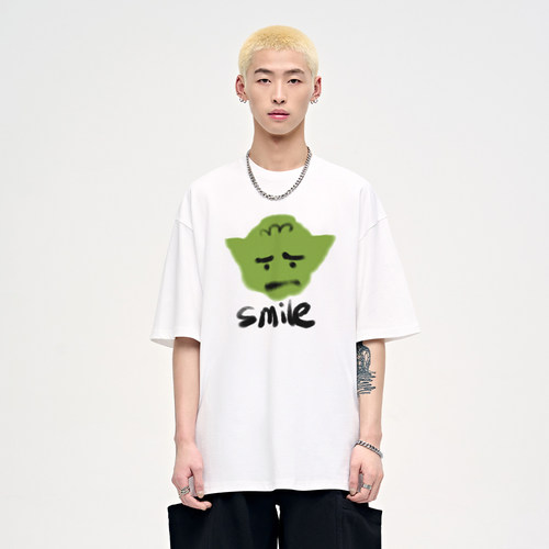 山小川涂鸦笑脸短袖男夏季潮牌嘻哈美式重磅街头搞怪衣服男生t恤