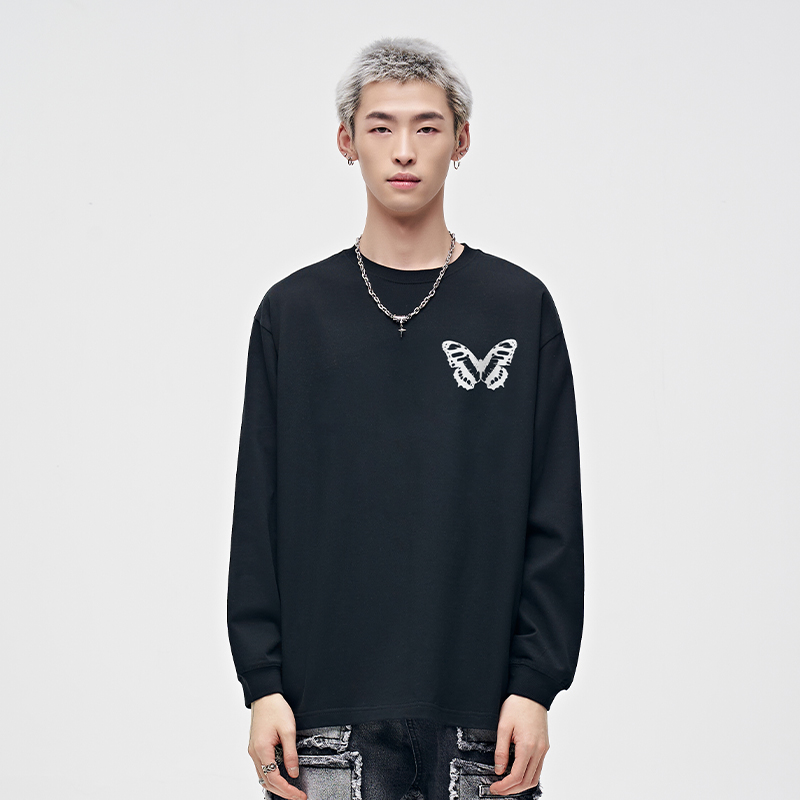 山小川潮牌蝴蝶印花男士长袖t恤薄款纯棉秋冬季纯色内搭打底衫男