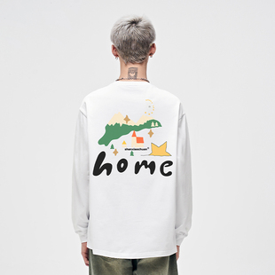 山小川潮牌卡通秋冬长袖 t恤男纯棉圆领中性重磅白色青少年打底衫