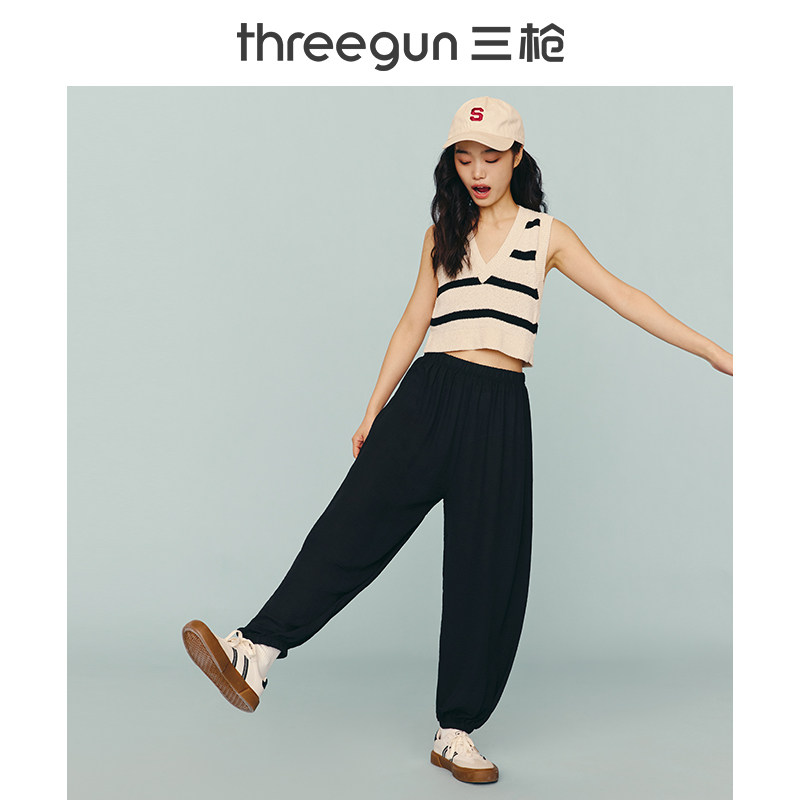 三枪睡裤女春秋新品泡泡纱大码宽松轻薄运动防蚊休闲束脚长裤