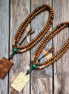 原创民族风无事牌黄金檀木佛珠项链男士女士长款时尚毛衣链饰品