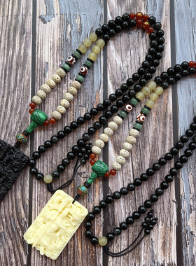 原创民族风本命佛无事牌天然黑曜石佛珠项链男士女士长款毛衣链