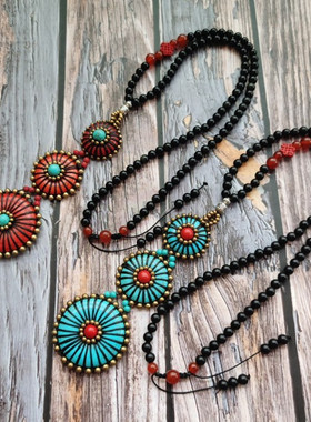 原创民族风欧美波西米亚风格松石编织女士黑檀木黑曜石佛珠项链