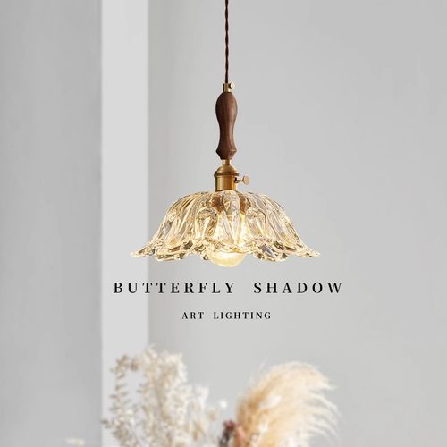 网红法式花朵玻璃吊灯日式复古胡桃木餐厅吧台黄铜灯民宿床头灯具