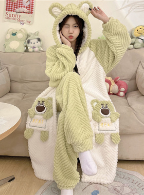 2026新款绿色可外穿睡袍加厚珊瑚绒睡衣女冬新款法兰绒家居服套装