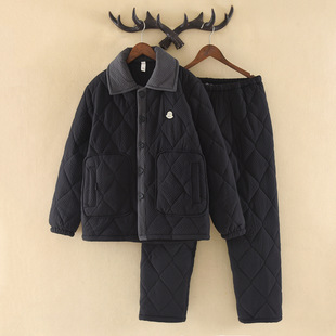 男式睡衣套装冬季三层夹棉加厚单面法兰绒家居服纯色翻领深色系