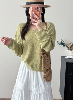 韩系春新品V领针织衫宽松百搭长袖上衣   0414b02