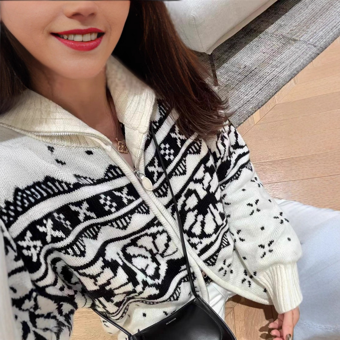 冬天的氛围 od*黑白几何图腾费尔岛提花宽松慵懒连帽毛衣外套女冬