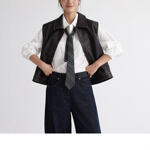 王炸款 马甲叠穿皮衣外套女邱 ‘巴塞往事’做旧复古翻领PU皮无袖