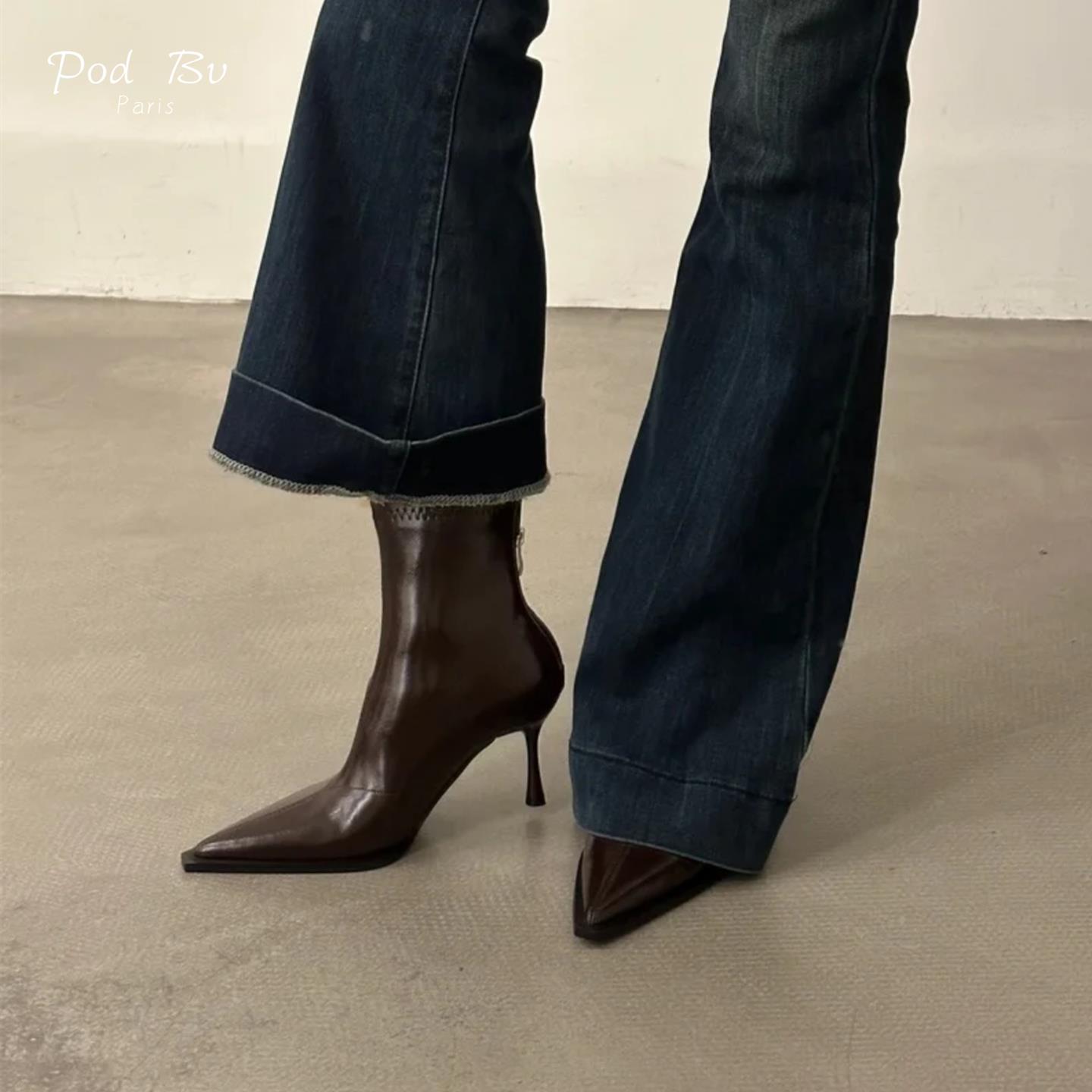 现货【顶奢】法式气质尖头细跟短靴女秋冬加绒高跟瘦瘦靴百搭女鞋