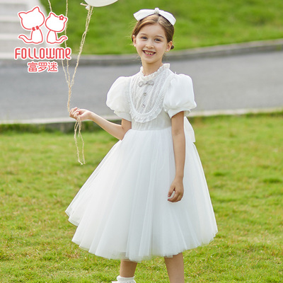 富罗迷女童礼服裙儿童夏装2024新款夏季女孩洋气大裙摆白色连衣裙
