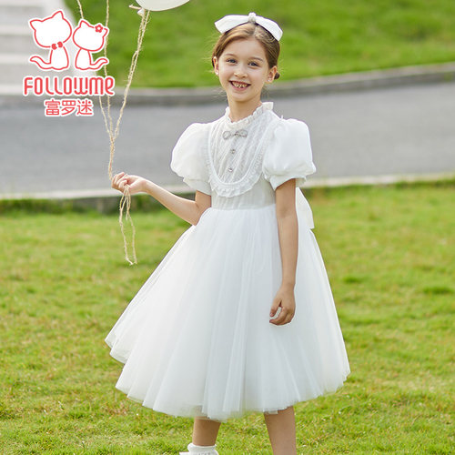 富罗迷女童礼服裙儿童夏装2024新款夏季女孩洋气大裙摆白色连衣裙