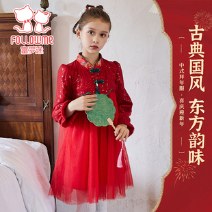 富罗迷女童连衣裙冬季新款好看洋气时髦周岁女宝礼服小女孩公主裙