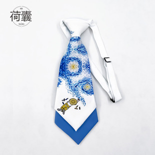 荷囊原创刺绣双层ins免打小领带白蓝色甜酷学院jK梵高配饰星空