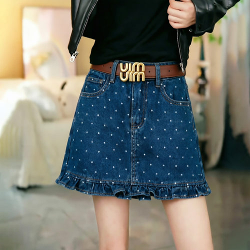 韩系波点高腰牛仔木耳边短裙