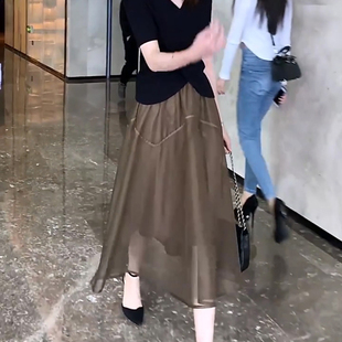 网纱半身裙女2023新款夏高腰松紧腰中长款显瘦欧根纱a字伞裙套装